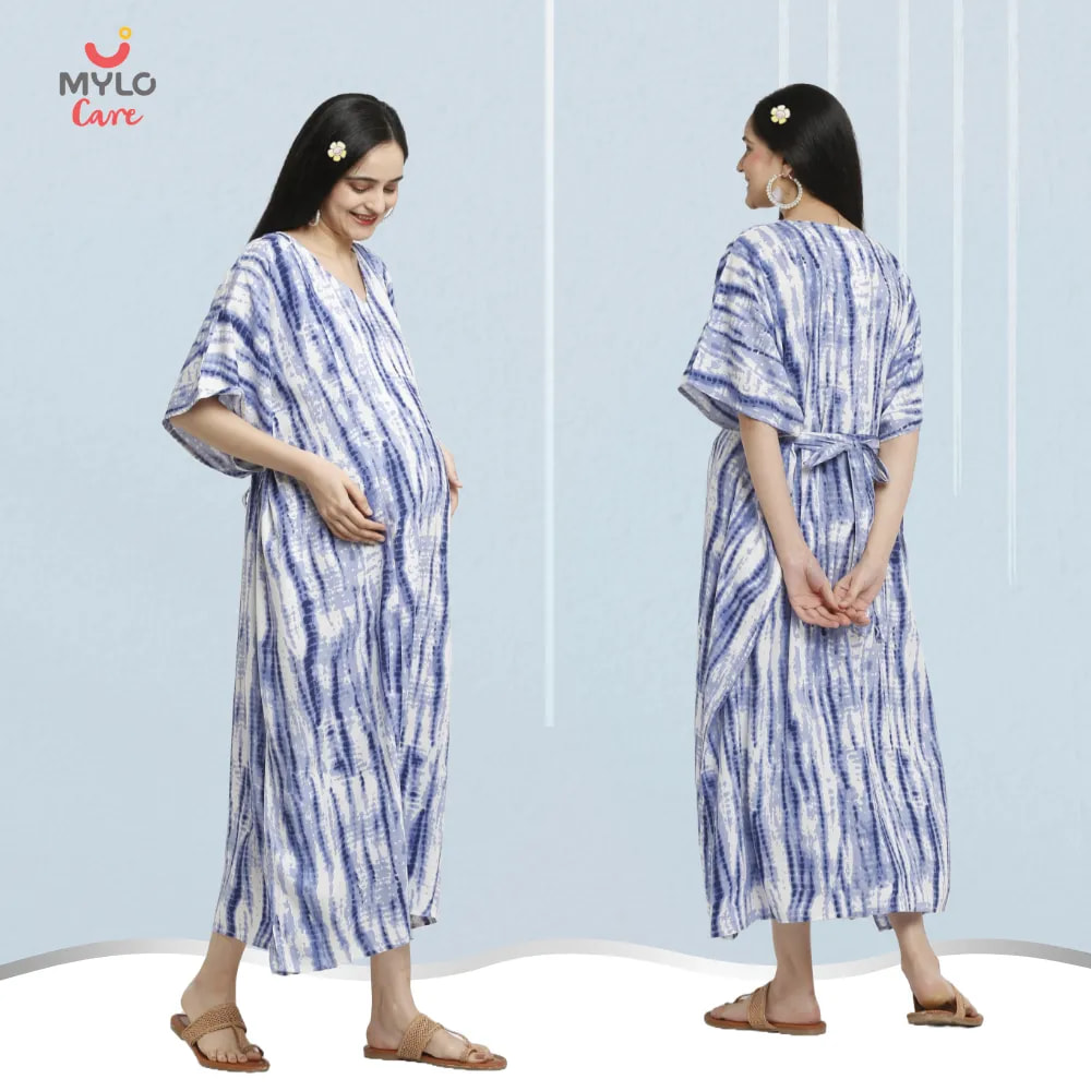 Maternity Dresses For Women with Both Side Zipper For Easy Feeding | Adjustable Belt for Growing Belly | Kaftan Dress | Shibori Print - Navy | XL