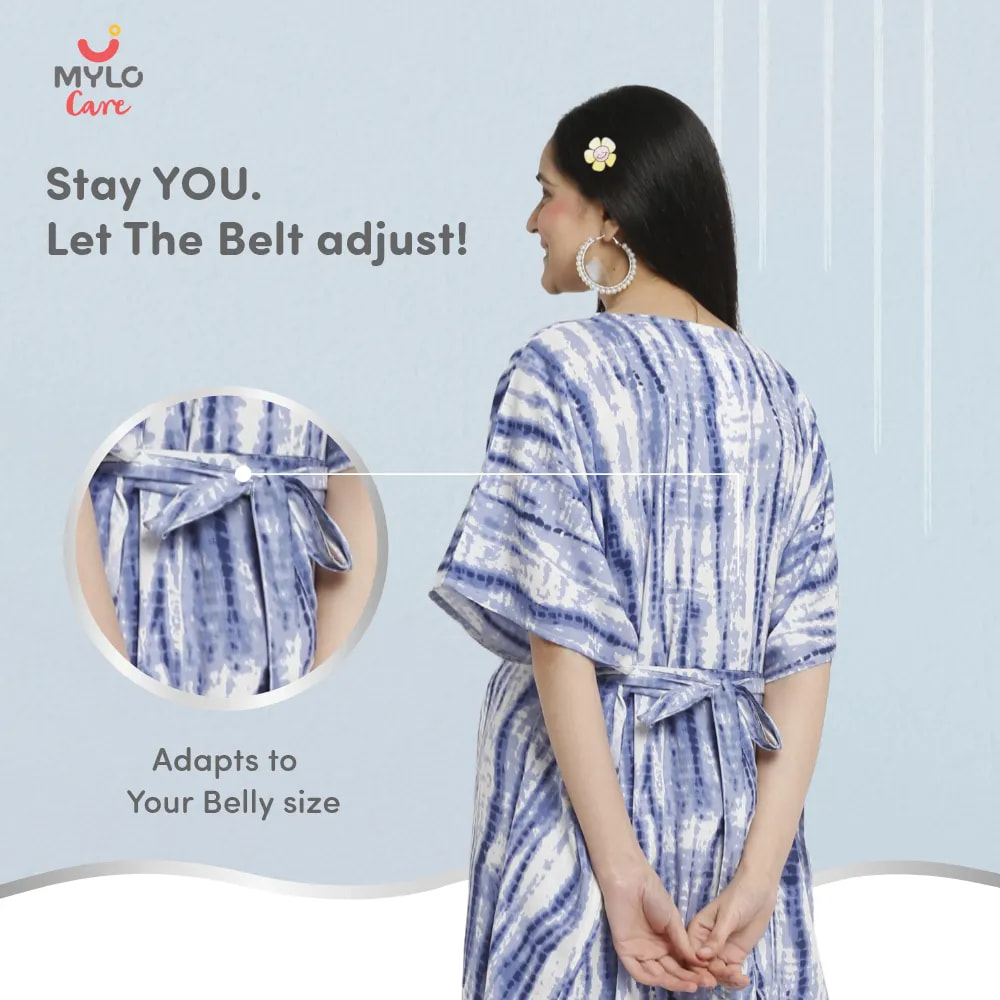 Maternity Dresses For Women with Both Side Zipper For Easy Feeding | Adjustable Belt for Growing Belly | Kaftan Dress | Shibori Print - Navy | XL