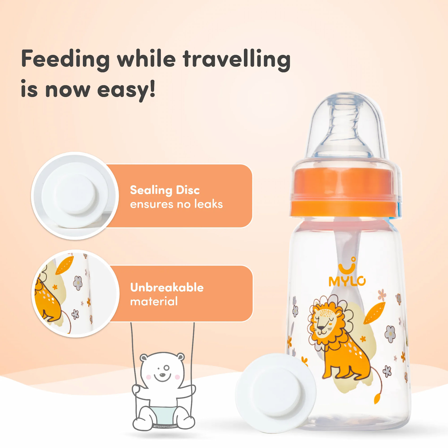 2-in-1 Baby Feeding Bottle | BPA Free with Anti-Colic Nipple & Spoon | Easy Flow Neck Design - Lion & Giraffe 125ml & 250ml