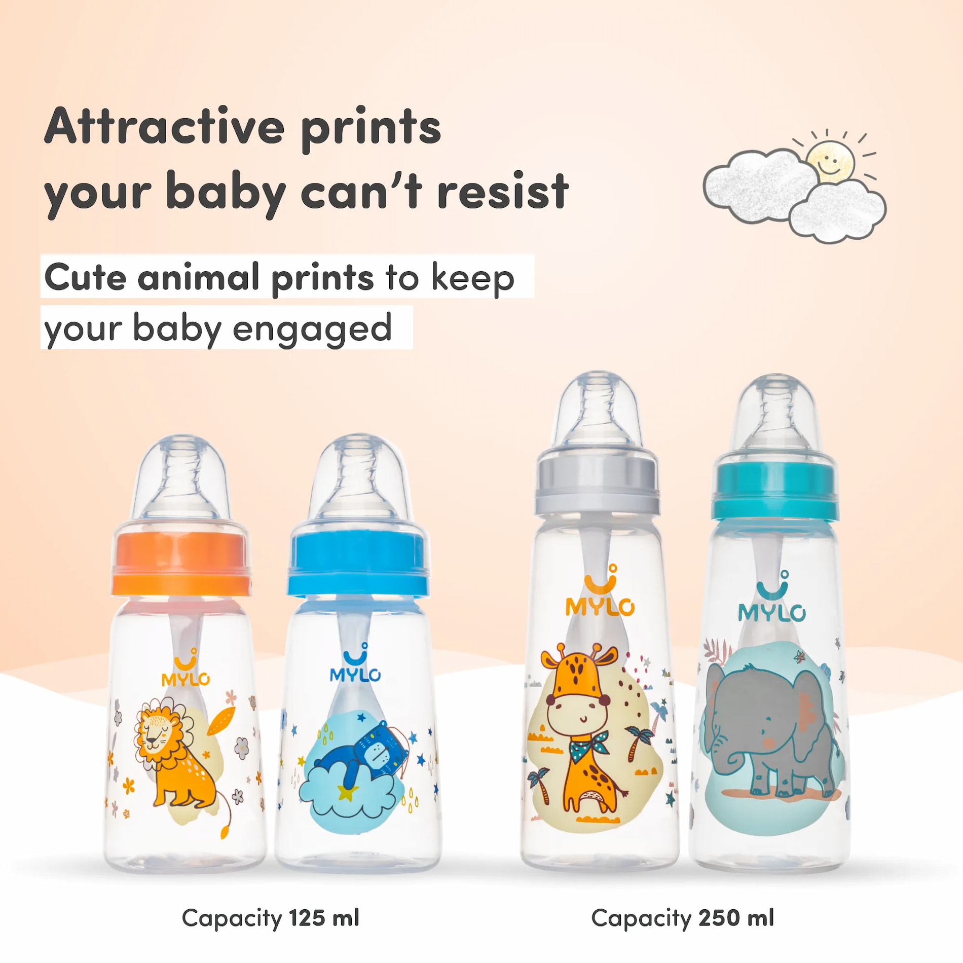 2-in-1 Baby Feeding Bottle | BPA Free with Anti-Colic Nipple & Spoon | Easy Flow Neck Design - Lion & Elephant 125ml & 250ml