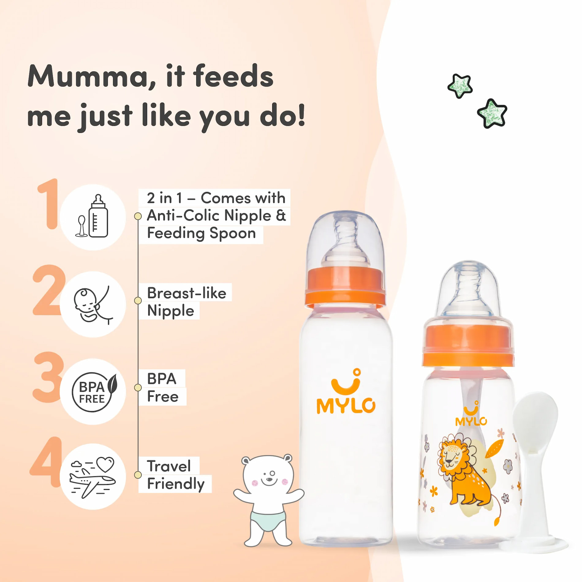 2-in-1 Baby Feeding Bottle | BPA Free with Anti-Colic Nipple & Spoon | Easy Flow Neck Design - Lion & Orange 125ml & 250ml