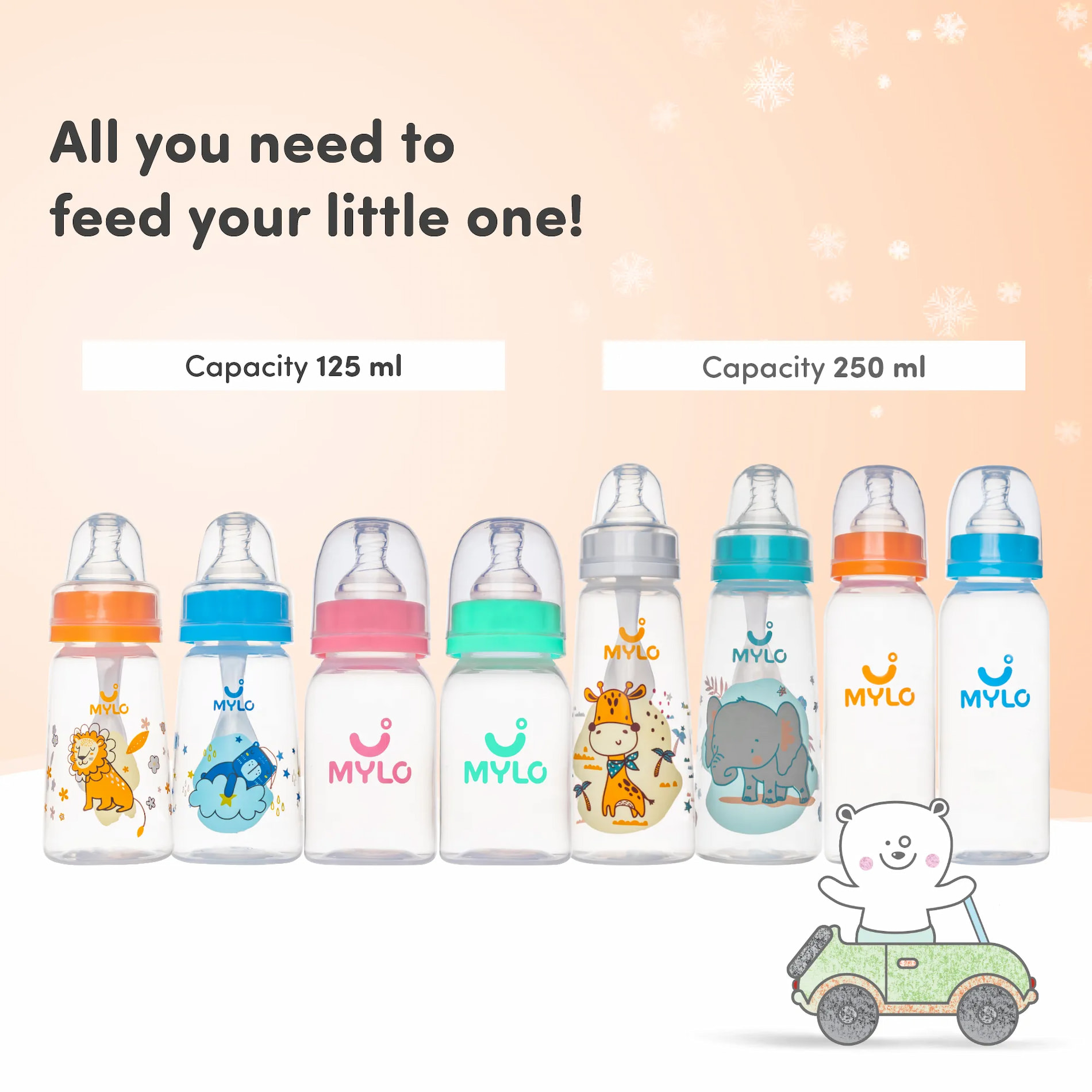 2-in-1 Baby Feeding Bottle | BPA Free with Anti-Colic Nipple & Spoon | Easy Flow Neck Design - Lion & Blue 125ml & 250ml
