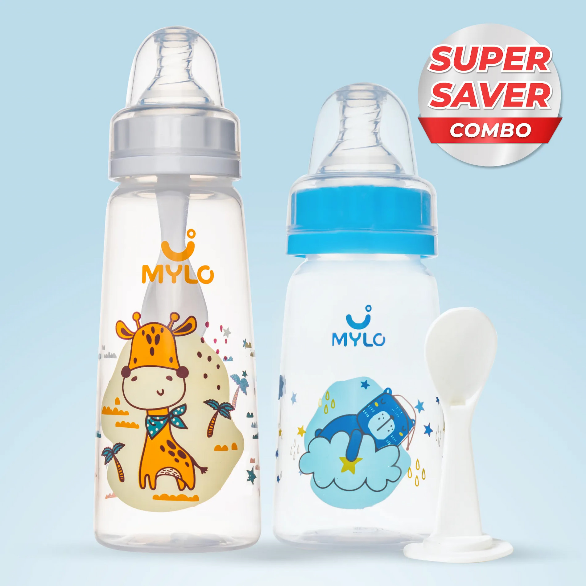 2-in-1 Baby Feeding Bottle | BPA Free with Anti-Colic Nipple & Spoon | Easy Flow Neck Design - Bear & Giraffe 125ml & 250ml