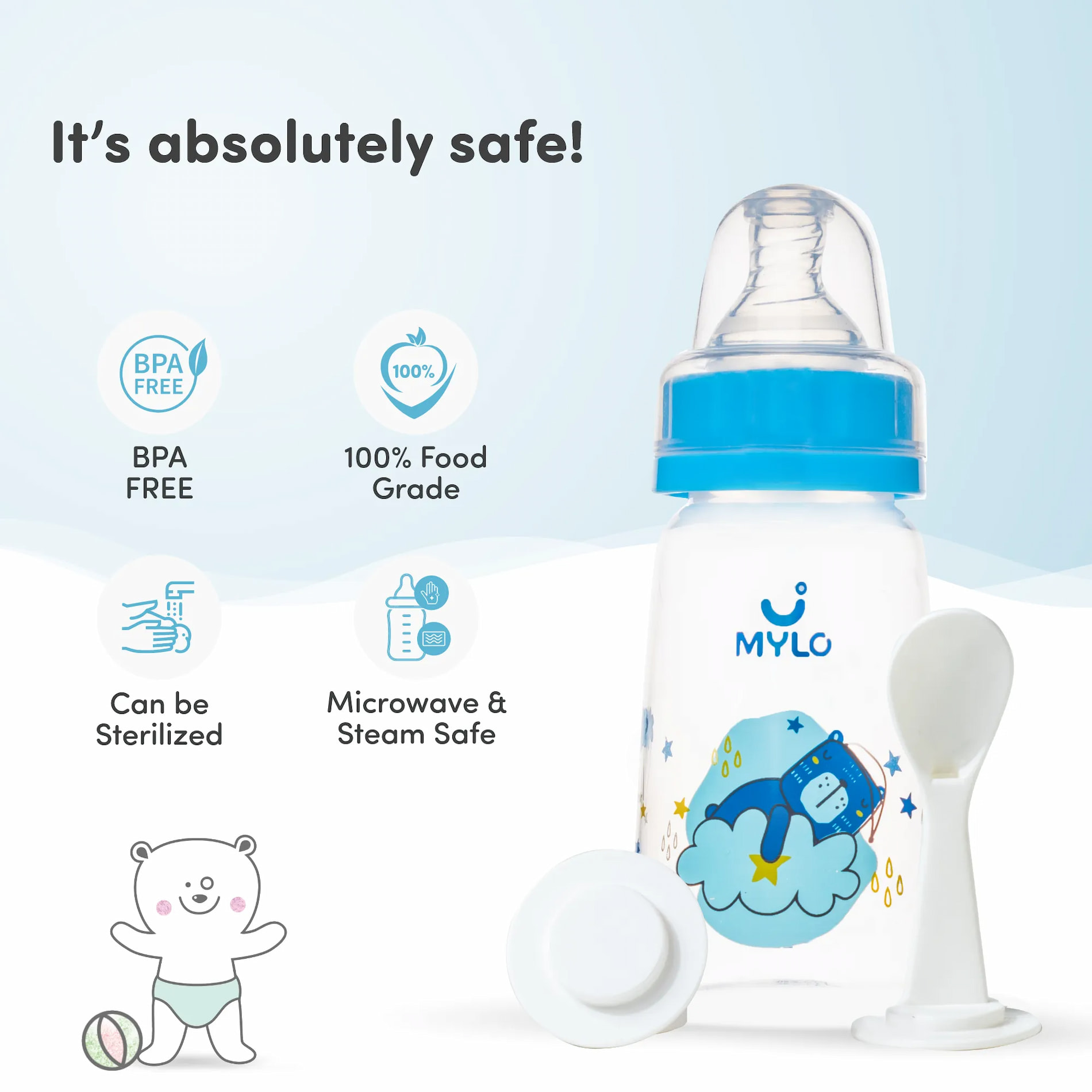 2-in-1 Baby Feeding Bottle | BPA Free with Anti-Colic Nipple & Spoon | Easy Flow Neck Design - Bear & Elephant 125ml & 250ml