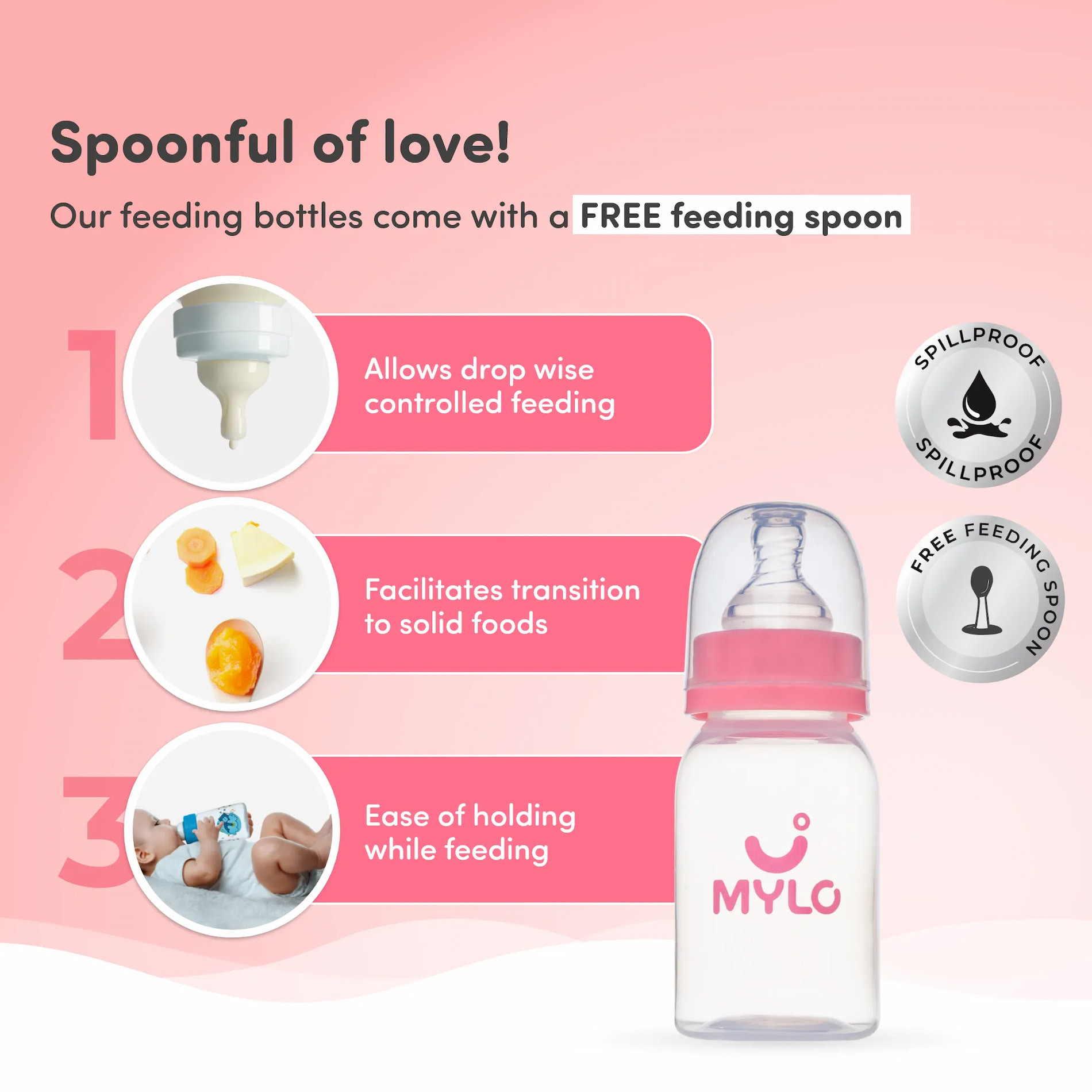 2-in-1 Baby Feeding Bottle | BPA Free with Anti-Colic Nipple & Spoon | Easy Flow Neck Design - Pink & Giraffe 125ml & 250ml