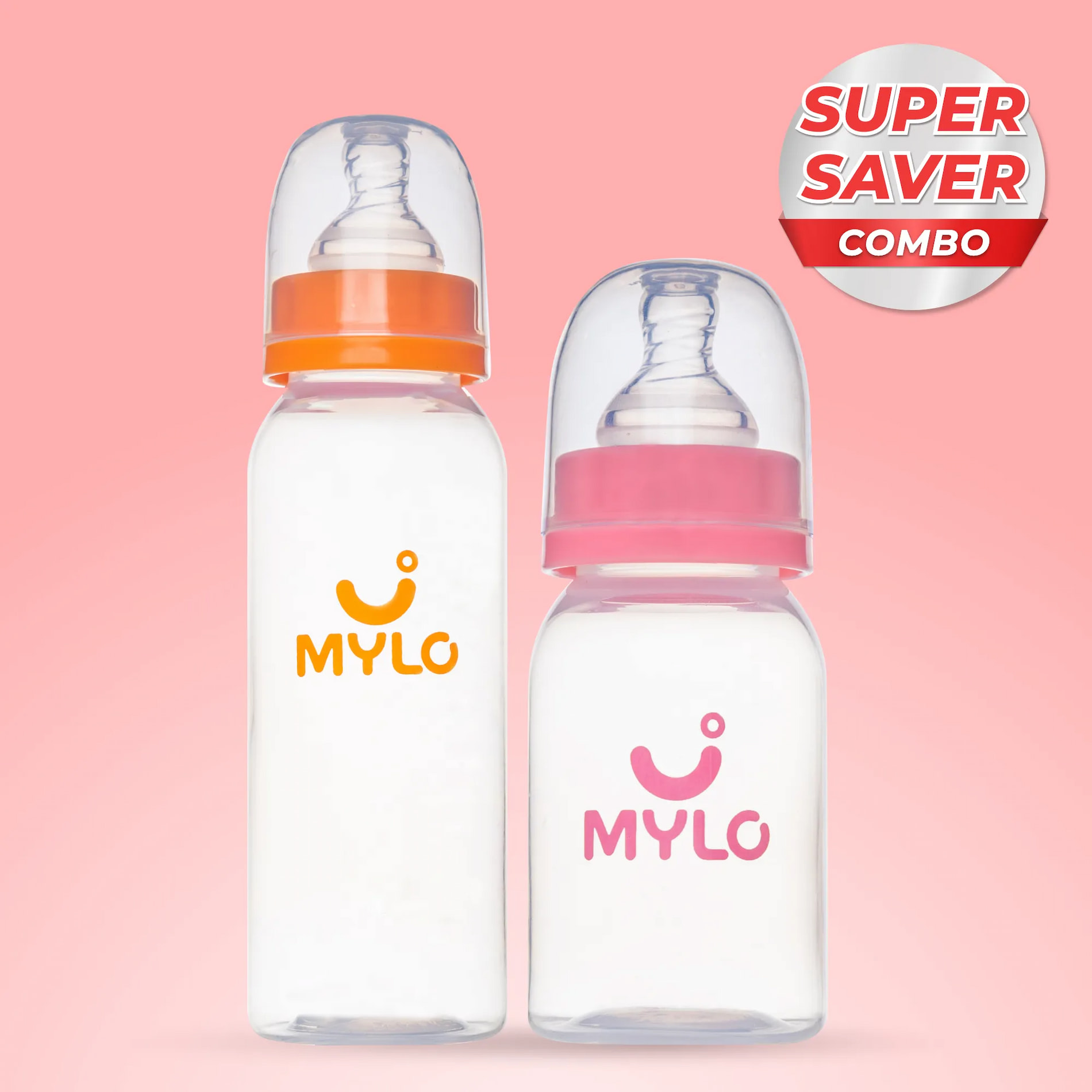 2-in-1 Baby Feeding Bottle | BPA Free with Anti-Colic Nipple & Spoon | Easy Flow Neck Design - Pink & Orange 125ml & 250ml
