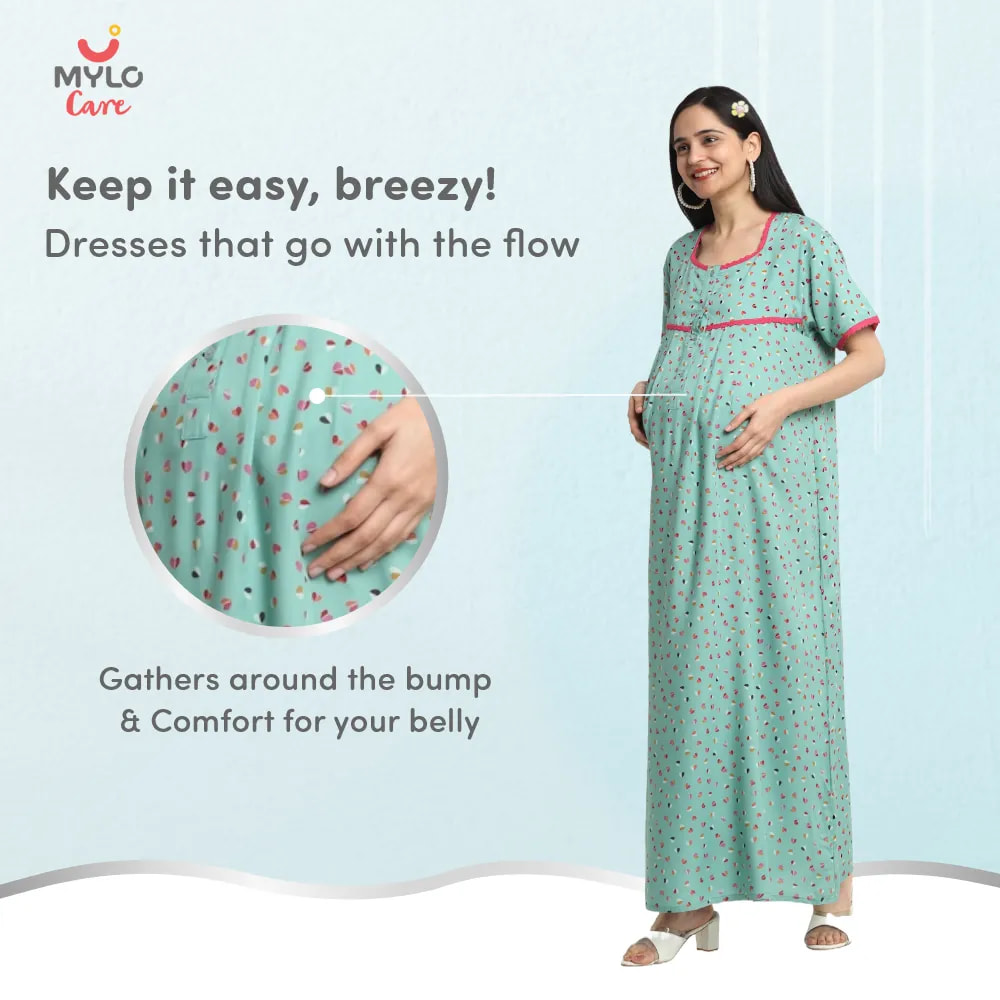 Maternity Dresses For Women with Both Side Zipper For Easy Feeding | Adjustable Belt for Growing Belly | Maxi Dress | Little Hearts - Sea Green | M