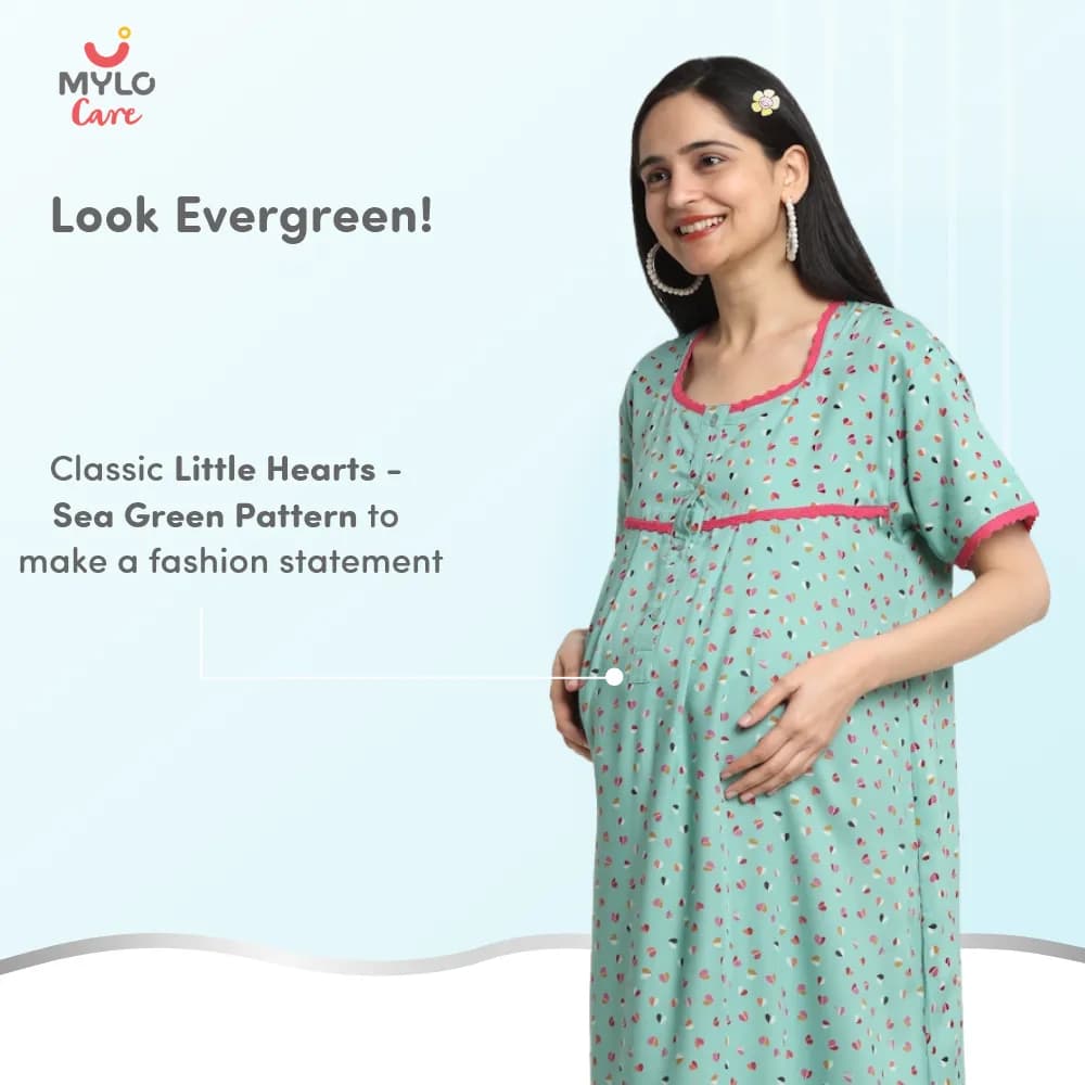 Maternity Dresses For Women with Both Side Zipper For Easy Feeding | Adjustable Belt for Growing Belly | Maxi Dress | Little Hearts - Sea Green | M