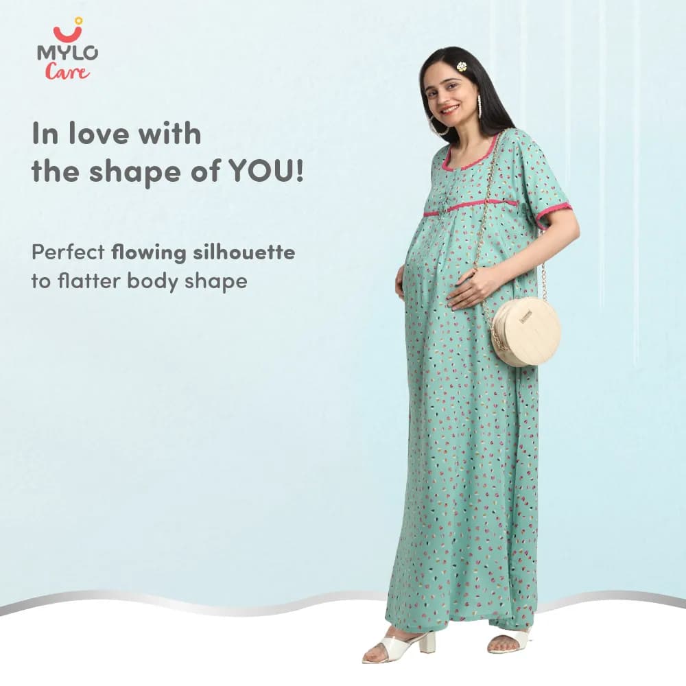 Maternity Dresses For Women with Both Side Zipper For Easy Feeding | Adjustable Belt for Growing Belly | Maxi Dress | Little Hearts - Sea Green | L