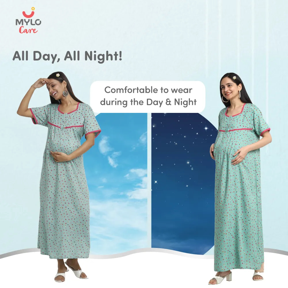 Maternity Dresses For Women with Both Side Zipper For Easy Feeding | Adjustable Belt for Growing Belly | Maxi Dress | Little Hearts - Sea Green | L