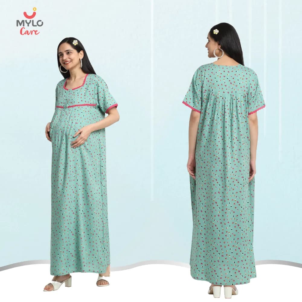 Maternity Dresses For Women with Both Side Zipper For Easy Feeding | Adjustable Belt for Growing Belly | Maxi Dress | Little Hearts - Sea Green | XL