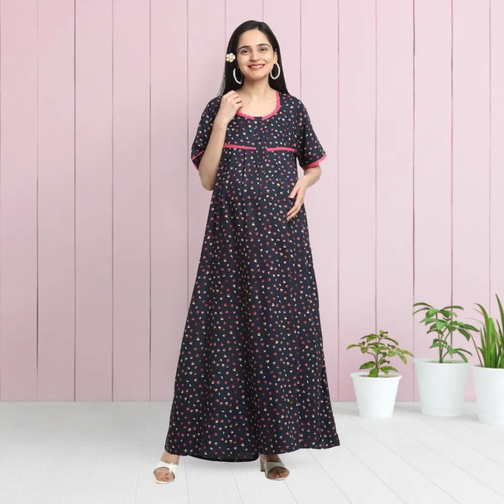 Maternity Dresses For Women with Both Side Zipper For Easy Feeding | Adjustable Belt for Growing Belly | Maxi Dress | Little Hearts - Navy | M