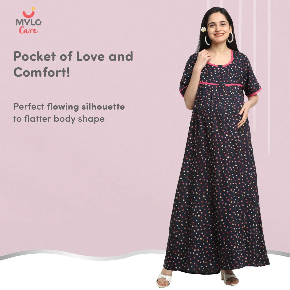 Maternity Dresses For Women with Both Side Zipper For Easy Feeding | Adjustable Belt for Growing Belly | Maxi Dress | Little Hearts - Navy | M
