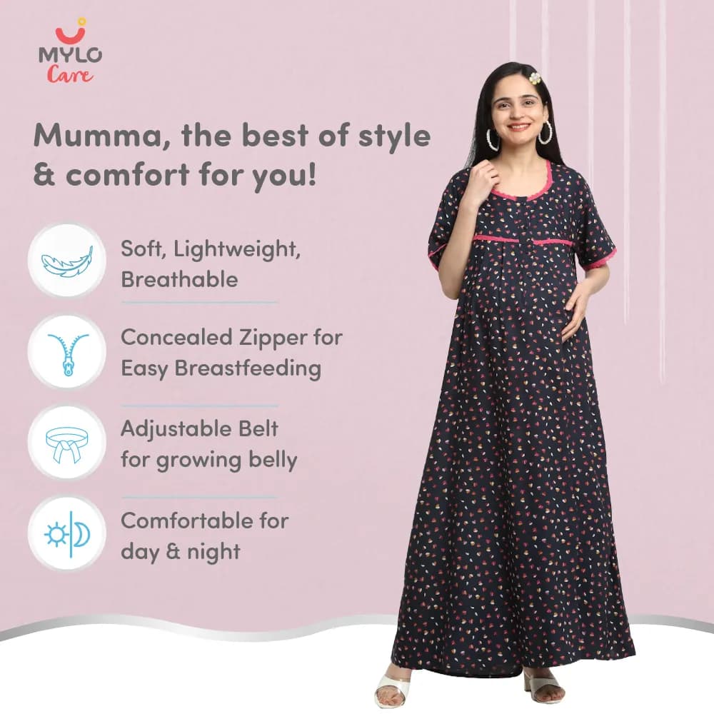 Maternity Dresses For Women with Both Side Zipper For Easy Feeding | Adjustable Belt for Growing Belly | Maxi Dress | Little Hearts - Navy | L