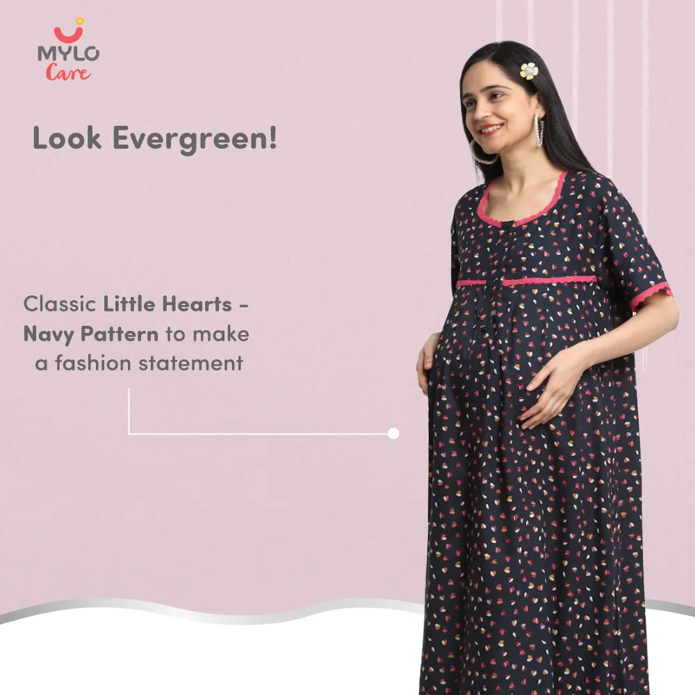 Maternity Dresses For Women with Both Side Zipper For Easy Feeding | Adjustable Belt for Growing Belly | Maxi Dress | Little Hearts - Navy | L