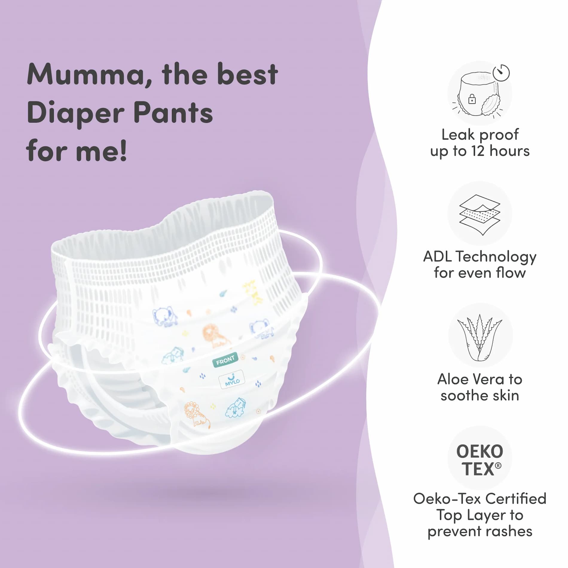 Mylo Baby Baby Diaper Pants Large (L) Size, 9-14 kgs with ADL Technology -7 Count - 12 Hours Protection