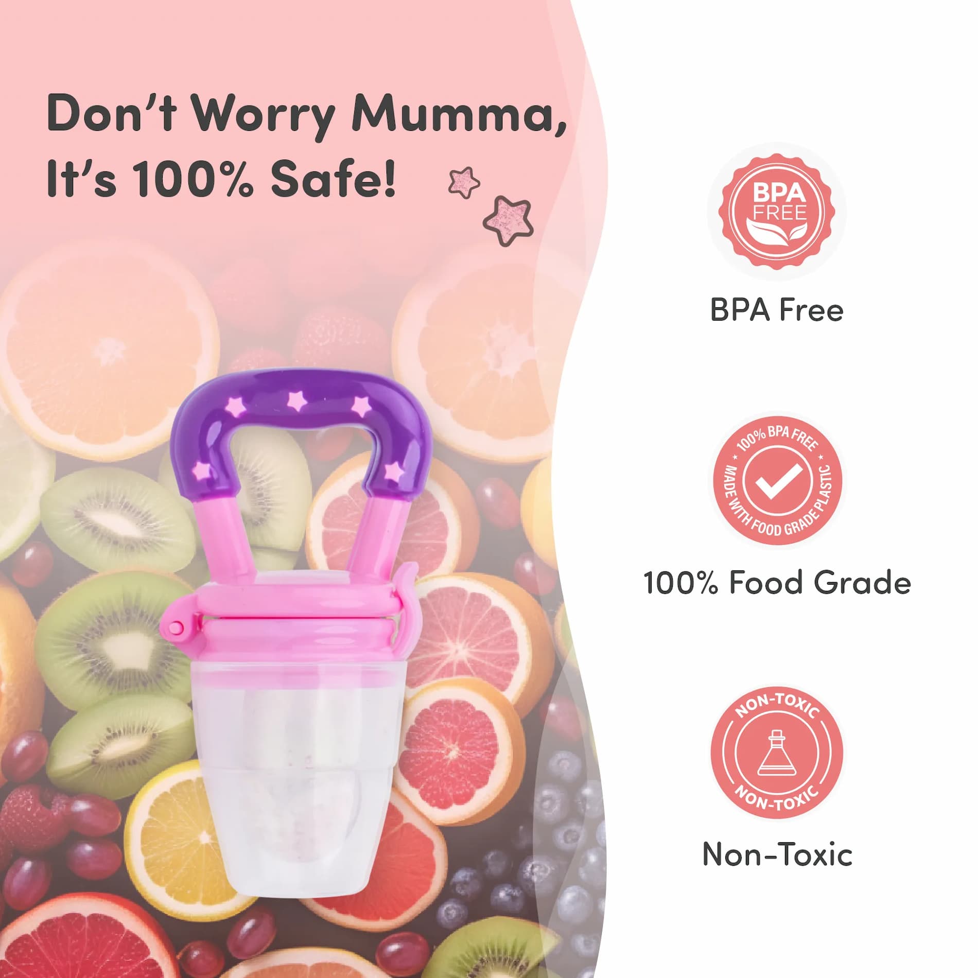 Feels Natural Ultra Soft Fruit & Food Nibbler- Pink | Convenient to Introduce Fruits & Veggies to Baby | Ultra-soft Silicone Mesh for Easy Chewing | Easy One Snap Filling | Helps Relieve Teething Discomfort