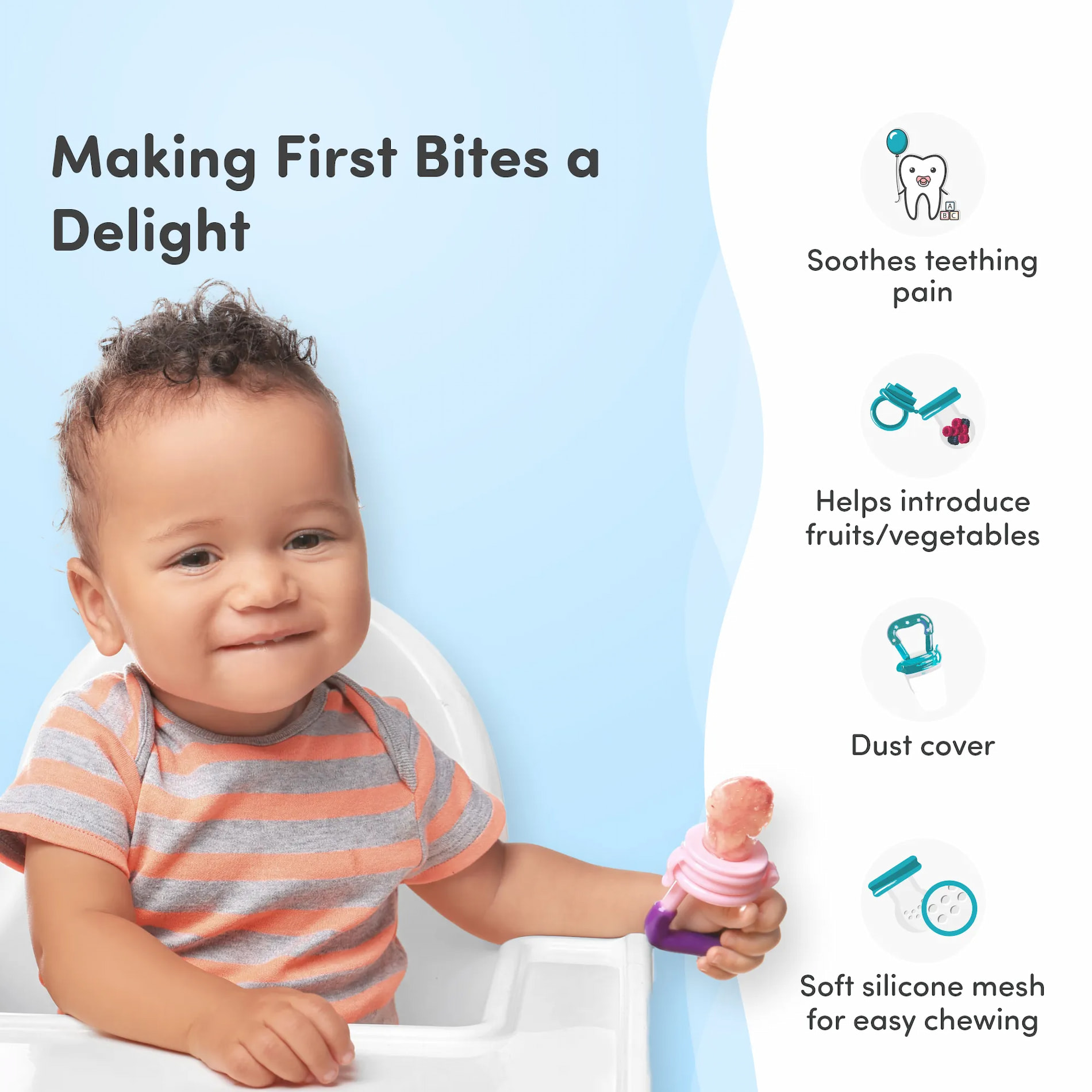 Feels Natural Ultra Soft Fruit & Food Nibbler- Blue | Convenient to Introduce Fruits & Veggies to Baby | Ultra-soft Silicone Mesh for Easy Chewing | Easy One Snap Filling | Helps Relieve Teething Discomfort