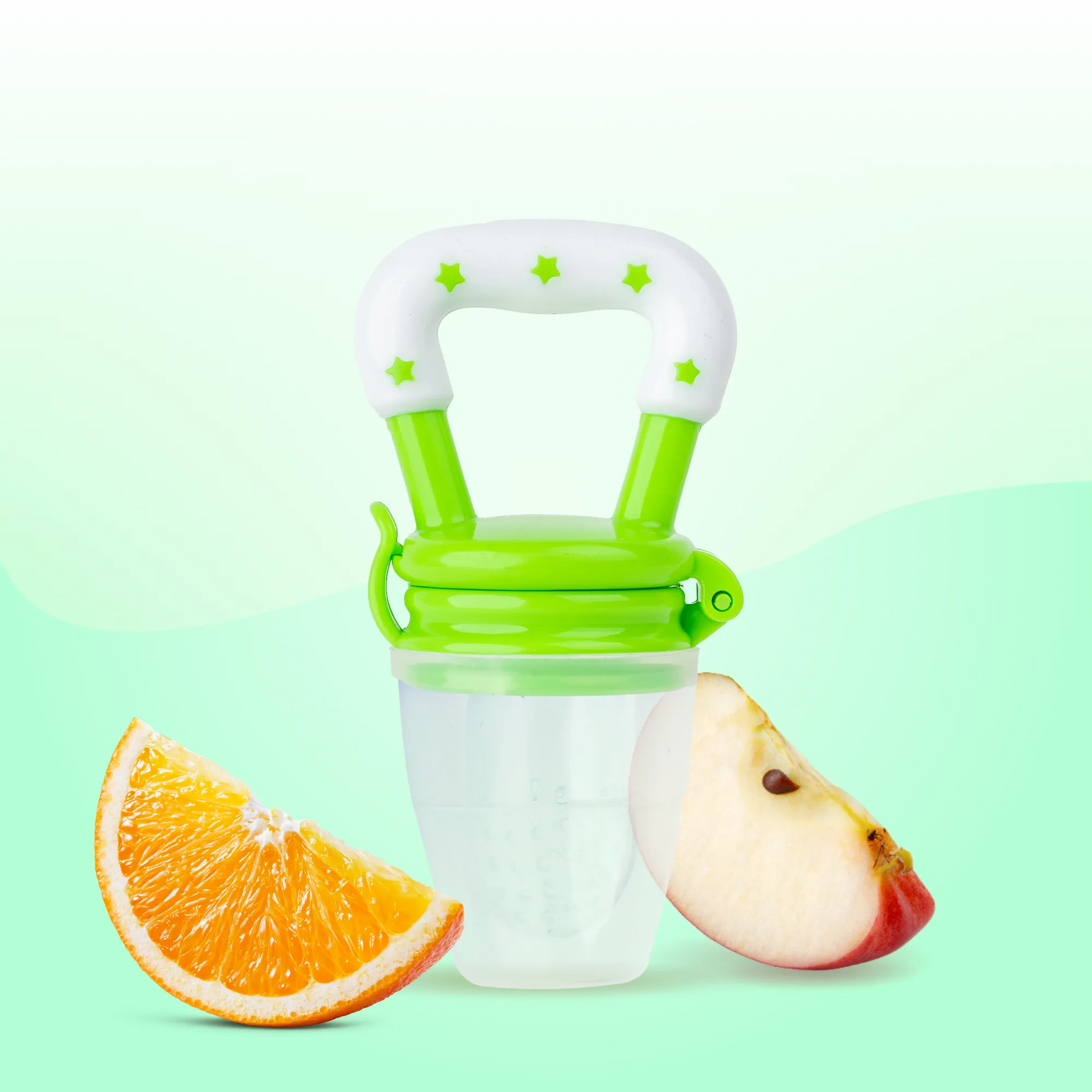 Feels Natural Ultra Soft Fruit & Food Nibbler- Green | Convenient to Introduce Fruits & Veggies to Baby | Ultra-soft Silicone Mesh for Easy Chewing | Easy One Snap Filling | Helps Relieve Teething Discomfort