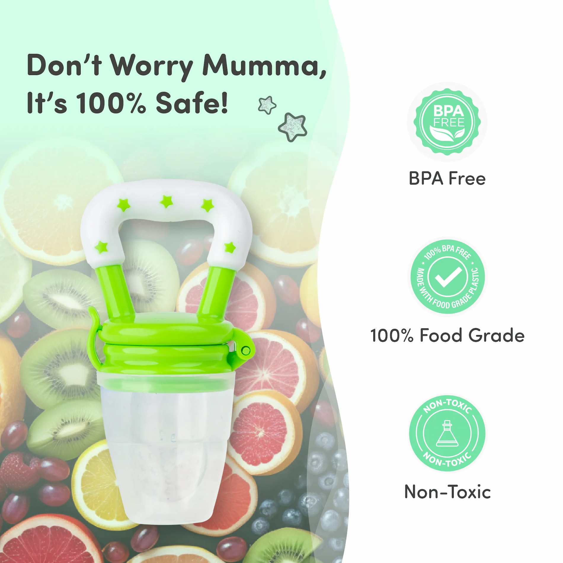 Feels Natural Ultra Soft Fruit & Food Nibbler- Green | Convenient to Introduce Fruits & Veggies to Baby | Ultra-soft Silicone Mesh for Easy Chewing | Easy One Snap Filling | Helps Relieve Teething Discomfort