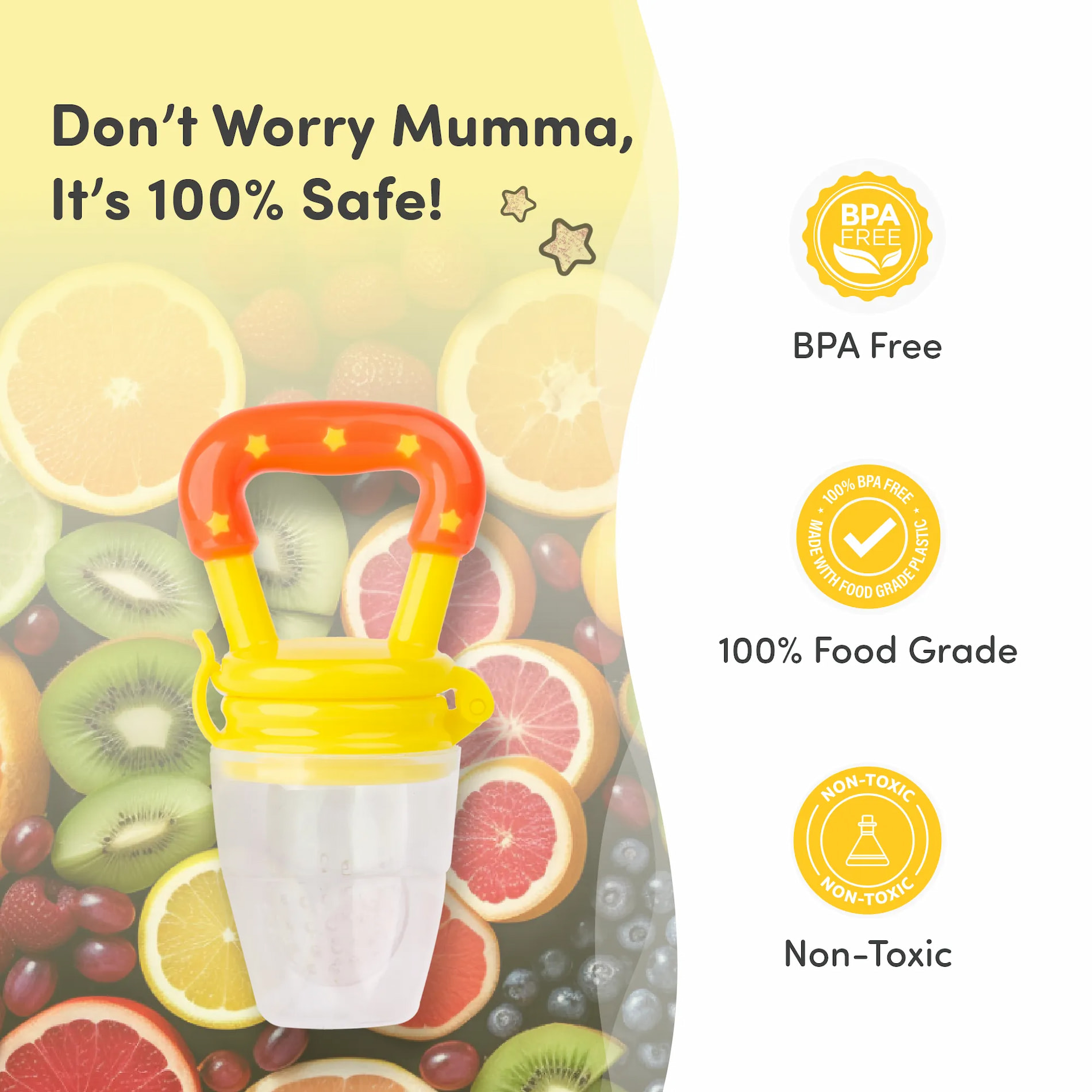 Feels Natural Ultra Soft Fruit & Food Nibbler- Yellow | Convenient to Introduce Fruits & Veggies to Baby | Ultra-soft Silicone Mesh for Easy Chewing | Easy One Snap Filling | Helps Relieve Teething Discomfort