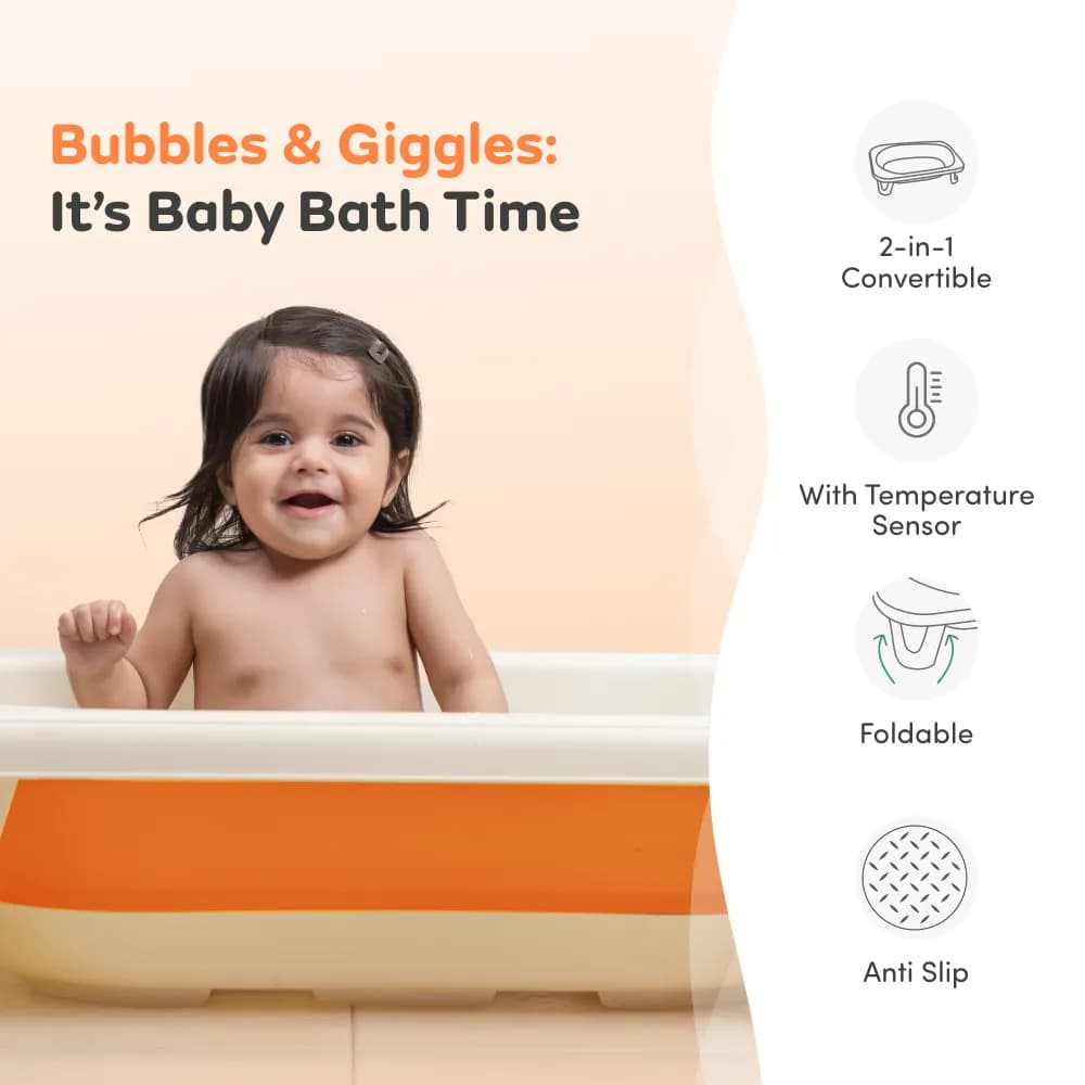 Baby Kenzo 2-in-1 Foldable Bathtub with Temperature Sensor for 6 Months - 3 Years | Up to 20Kgs Weight Capacity | EN Certified (Orange)