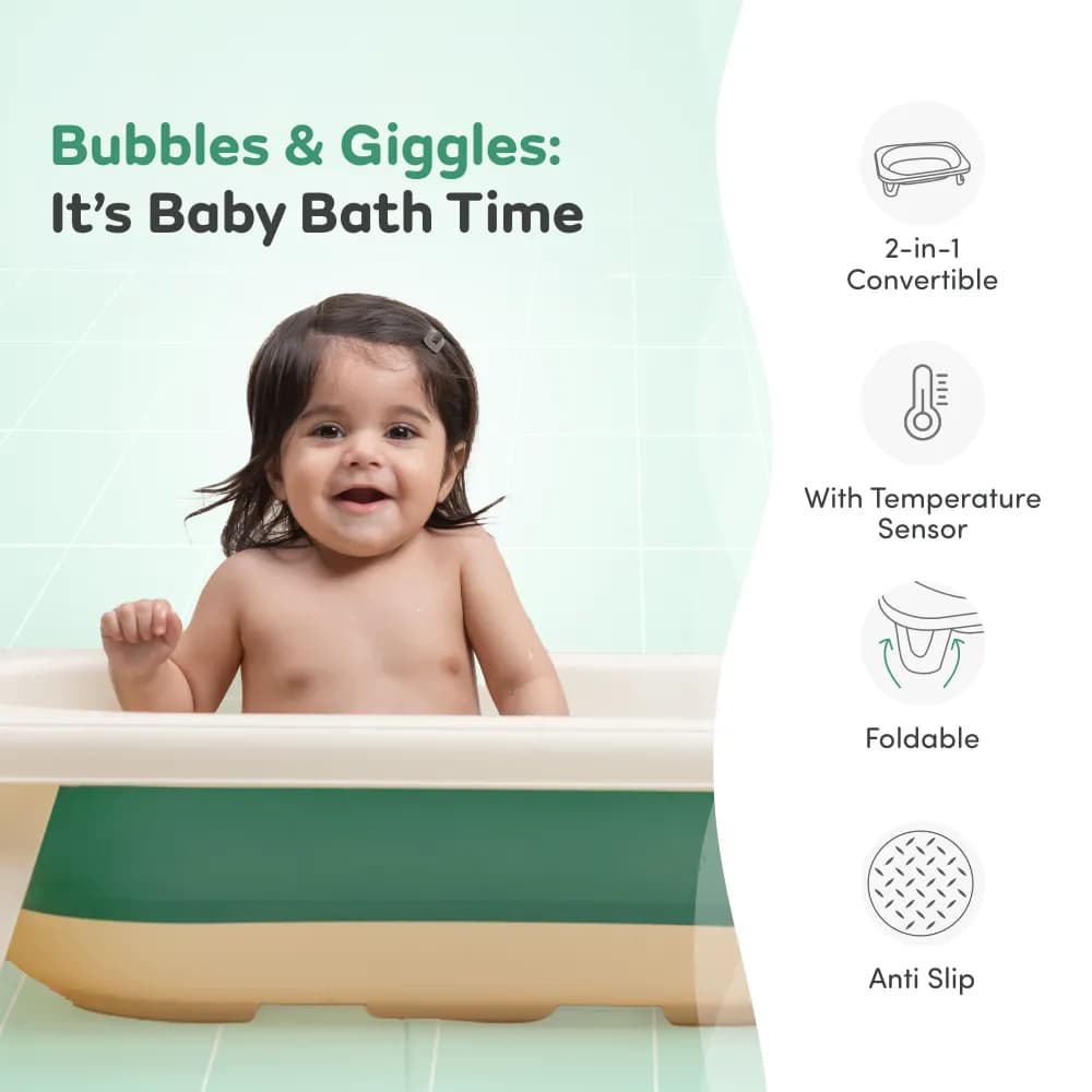Baby Kenzo 2-in-1 Foldable Bathtub with Temperature Sensor for 6 Months - 3 Years | Up to 20Kgs Weight Capacity | EN Certified (Green)