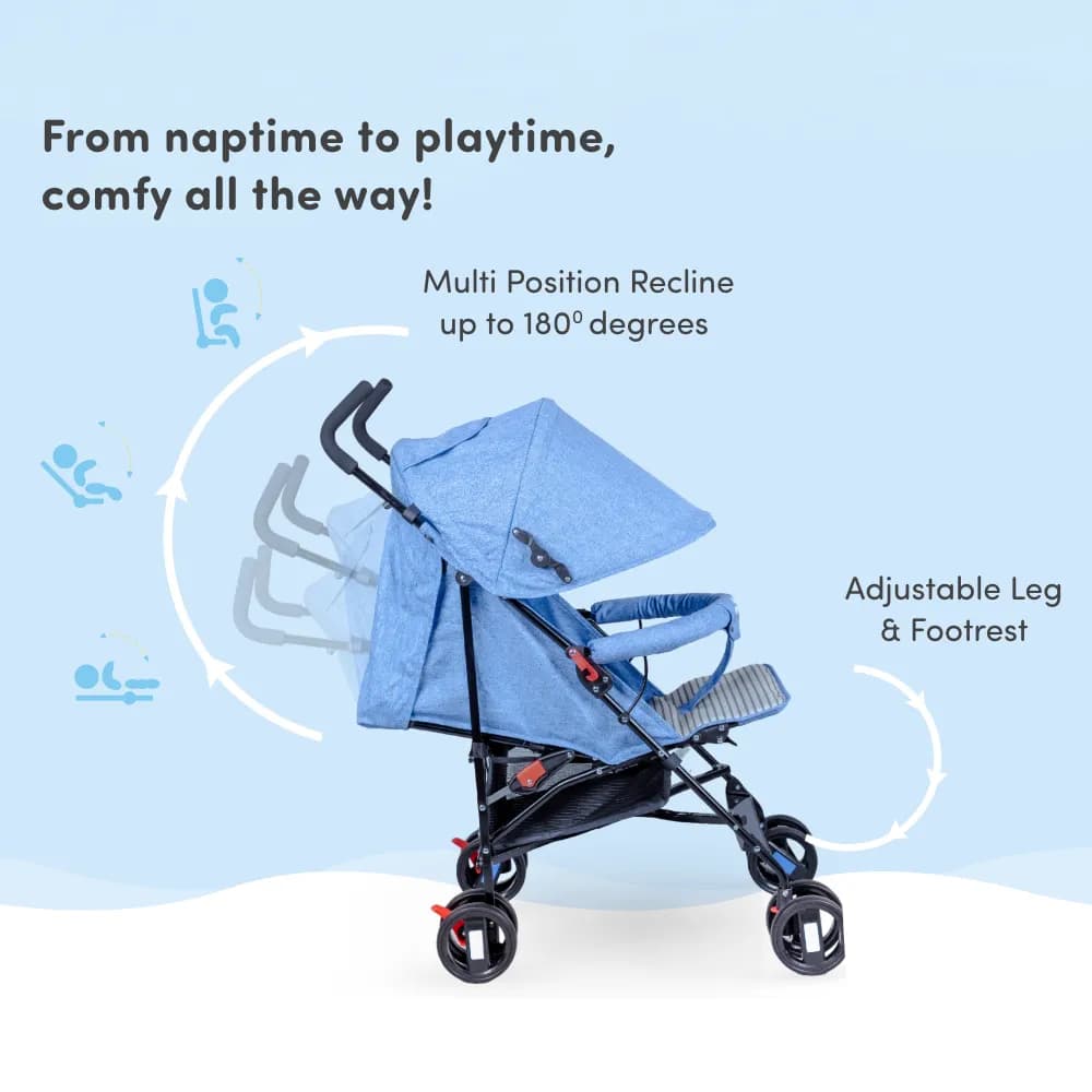 Buddy Ultra-Light Baby Stroller for 0-3 Year | Baby Pram for Toddlers & Kids | 3 Point Safety Harness | 360° Front Wheel Swivel| Umbrella Fold - Blue