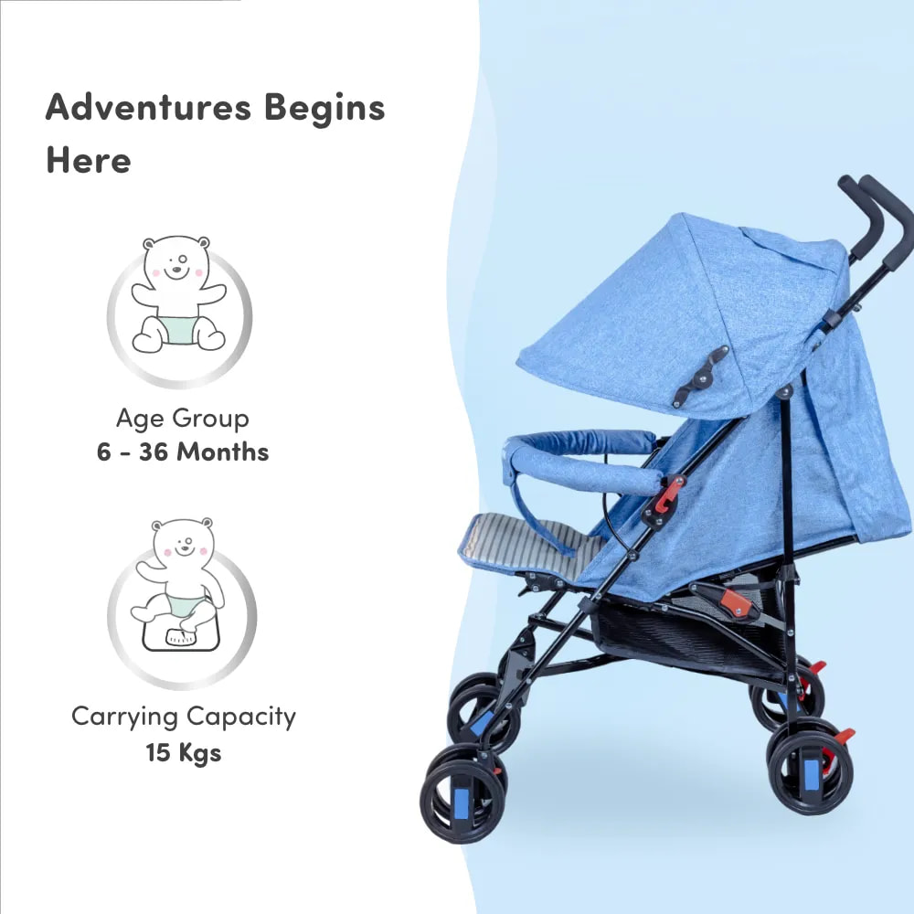 Buddy Ultra-Light Baby Stroller for 0-3 Year | Baby Pram for Toddlers & Kids | 3 Point Safety Harness | 360° Front Wheel Swivel| Umbrella Fold - Blue