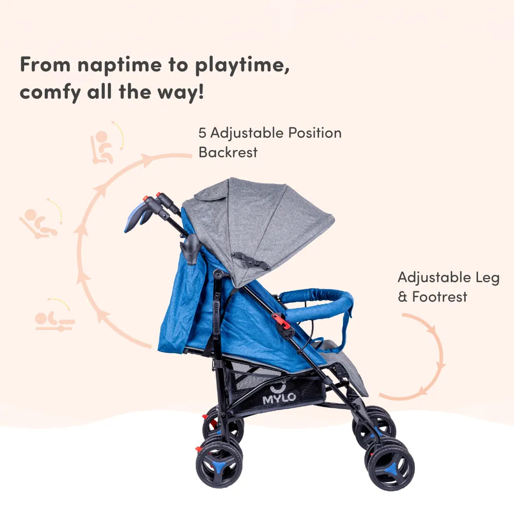 Vista Ultra-Light Baby Stroller for 0-3 Year | Baby Pram for Toddlers & Kids | 5 Point Safety Harness | Front Wheel Swivel Function | Umbrella Fold - Blue & Grey