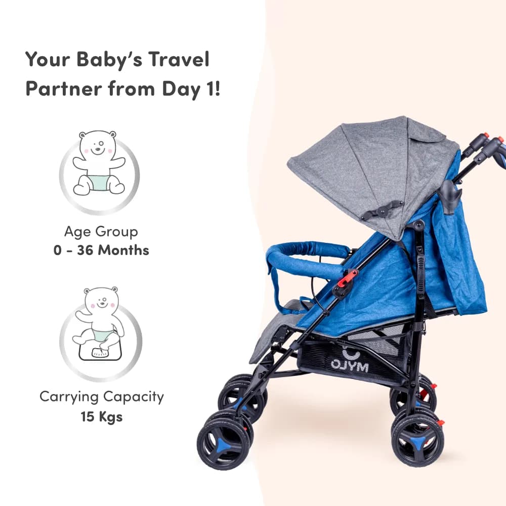 Vista Ultra-Light Baby Stroller for 0-3 Year | Baby Pram for Toddlers & Kids | 5 Point Safety Harness | Front Wheel Swivel Function | Umbrella Fold - Blue & Grey