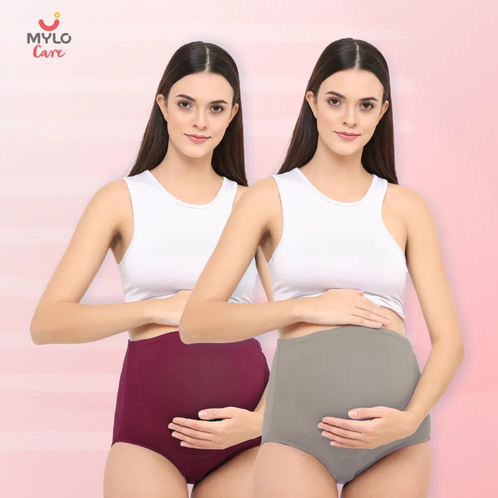 High Waist Maternity Panty for Pregnancy & Post-Delivery | Anti-Microbial with Comfy Adjustable Waistband - Grey & Wine - M - Pack of 2