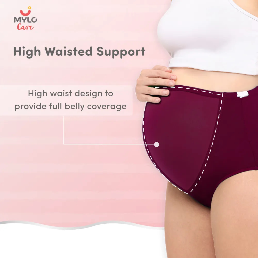 High Waist Maternity Panty for Pregnancy & Post-Delivery | Anti-Microbial with Comfy Adjustable Waistband - Grey & Wine - M - Pack of 2