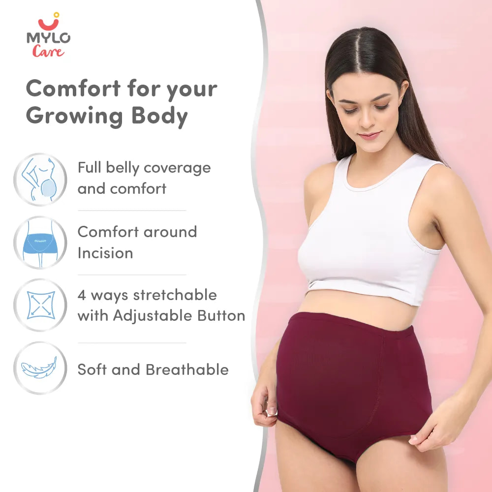 High Waist Maternity Panty for Pregnancy & Post-Delivery | Anti-Microbial with Comfy Adjustable Waistband - Grey & Wine - L - Pack of 2