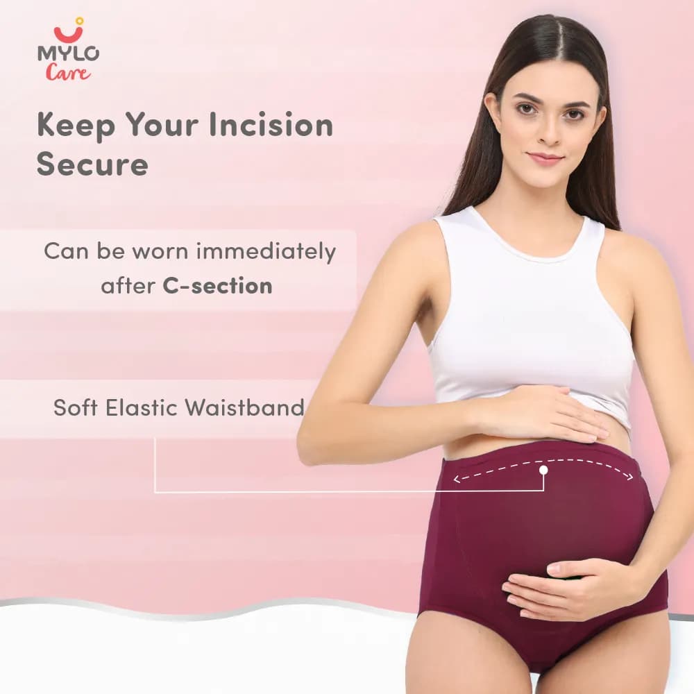 High Waist Maternity Panty for Pregnancy & Post-Delivery | Anti-Microbial with Comfy Adjustable Waistband - Grey & Wine - L - Pack of 2