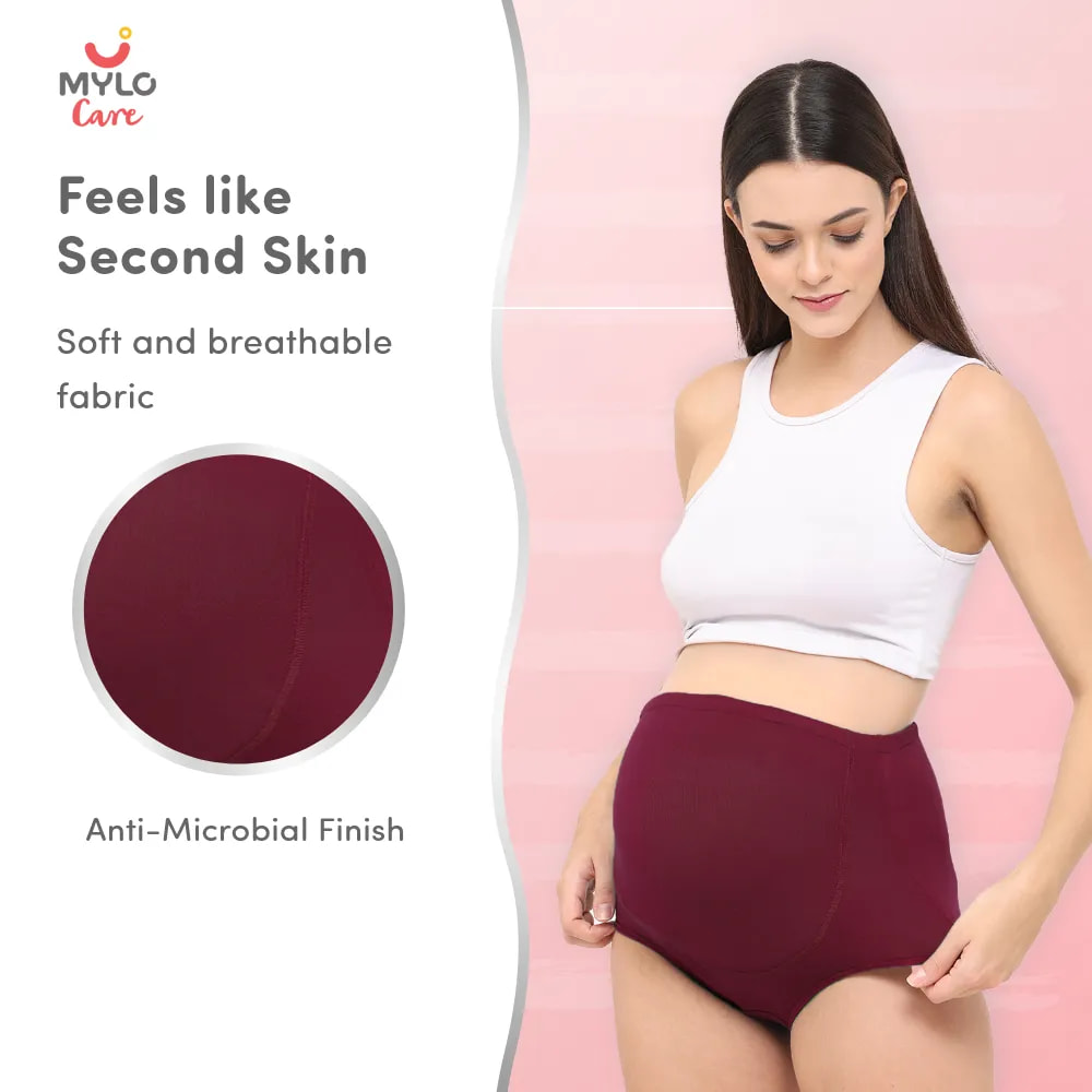 High Waist Maternity Panty for Pregnancy & Post-Delivery | Anti-Microbial with Comfy Adjustable Waistband - Grey & Wine - XL - Pack of 2
