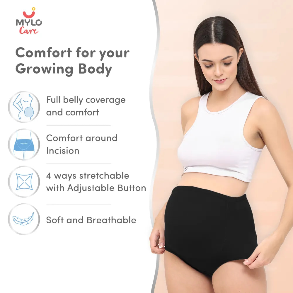 High Waist Maternity Panty for Pregnancy & Post-Delivery | Anti-Microbial with Comfy Adjustable Waistband - Skin & Black - M - Pack of 2