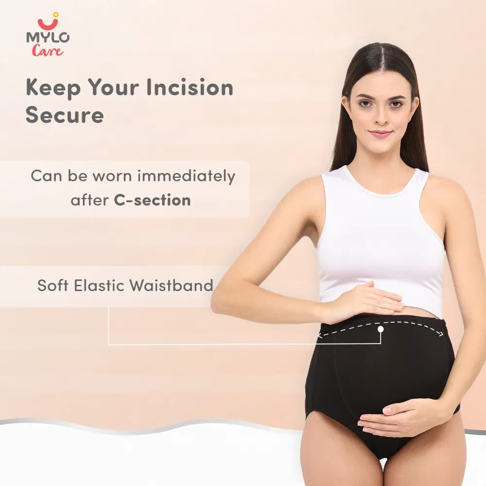 High Waist Maternity Panty for Pregnancy & Post-Delivery | Anti-Microbial with Comfy Adjustable Waistband - Skin & Black - M - Pack of 2