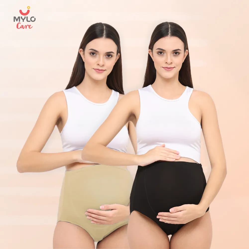 High Waist Maternity Panty for Pregnancy & Post-Delivery | Anti-Microbial with Comfy Adjustable Waistband - Skin & Black - L - Pack of 2