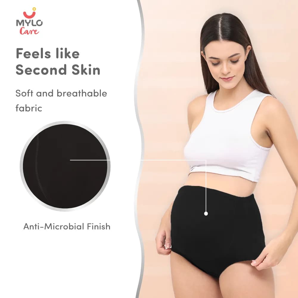 High Waist Maternity Panty for Pregnancy & Post-Delivery | Anti-Microbial with Comfy Adjustable Waistband - Skin & Black - L - Pack of 2