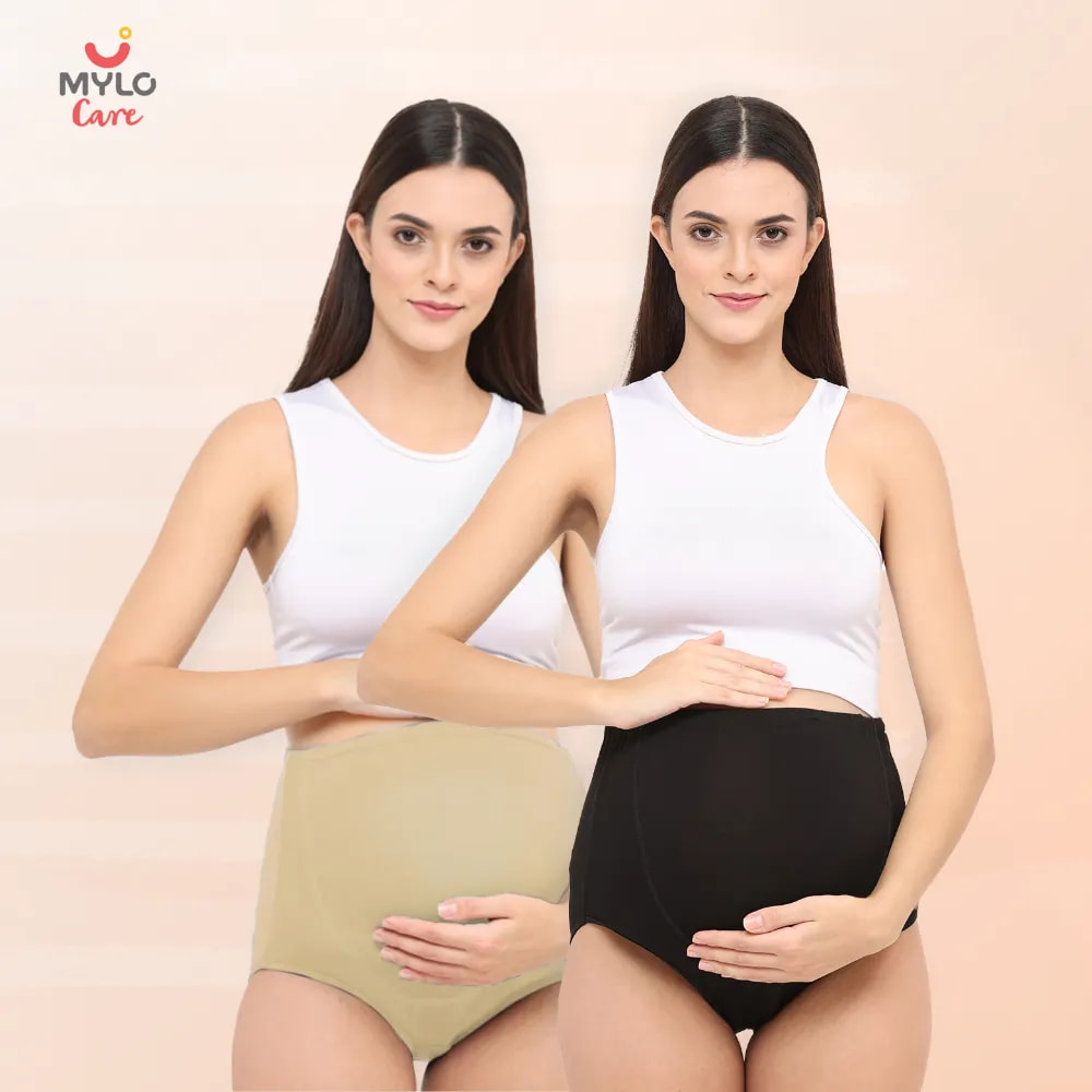 High Waist Maternity Panty for Pregnancy & Post-Delivery | Anti-Microbial with Comfy Adjustable Waistband - Skin & Black - XXL - Pack of 2