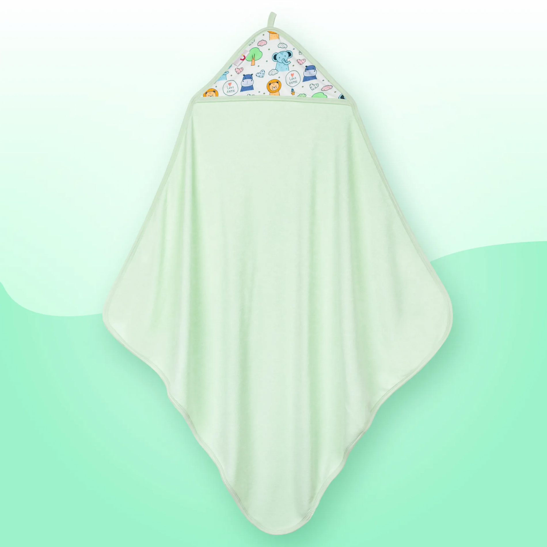 Baby Hooded Towel | Soft, Lightweight & Extra Absorbent |Keeps Baby Snug | Dries 3x Faster than Cotton | Baby Safari - Mint Green (78 cm x 78cm)