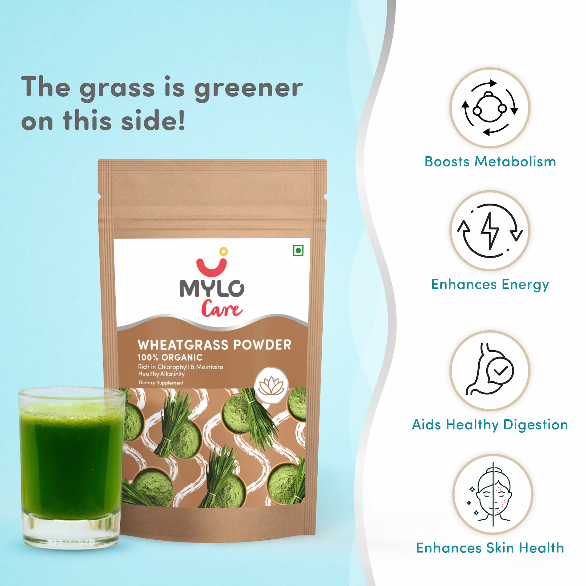 Wheatgrass Powder | 100% Natural Ingredients | Aids Healthy Digestion | Boosts Metabolism | Clinically Tested - (100gm)