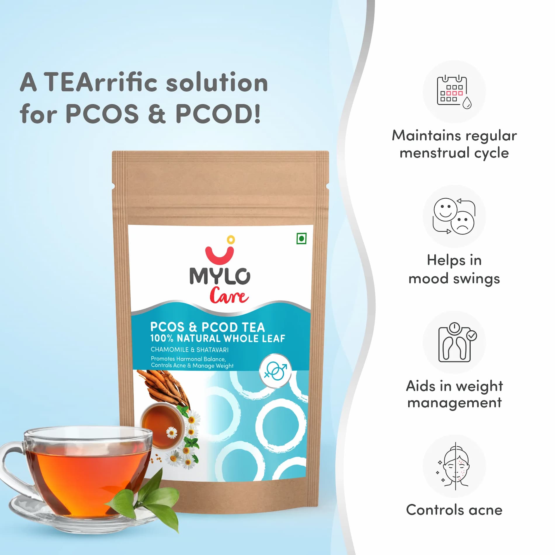 100% Natural PCOS & PCOD Tea - 30 Tea Bags | Maintains Regular Menstrual Cycle | Controls Acne | NABL Lab Tested | FSSAI Licensed