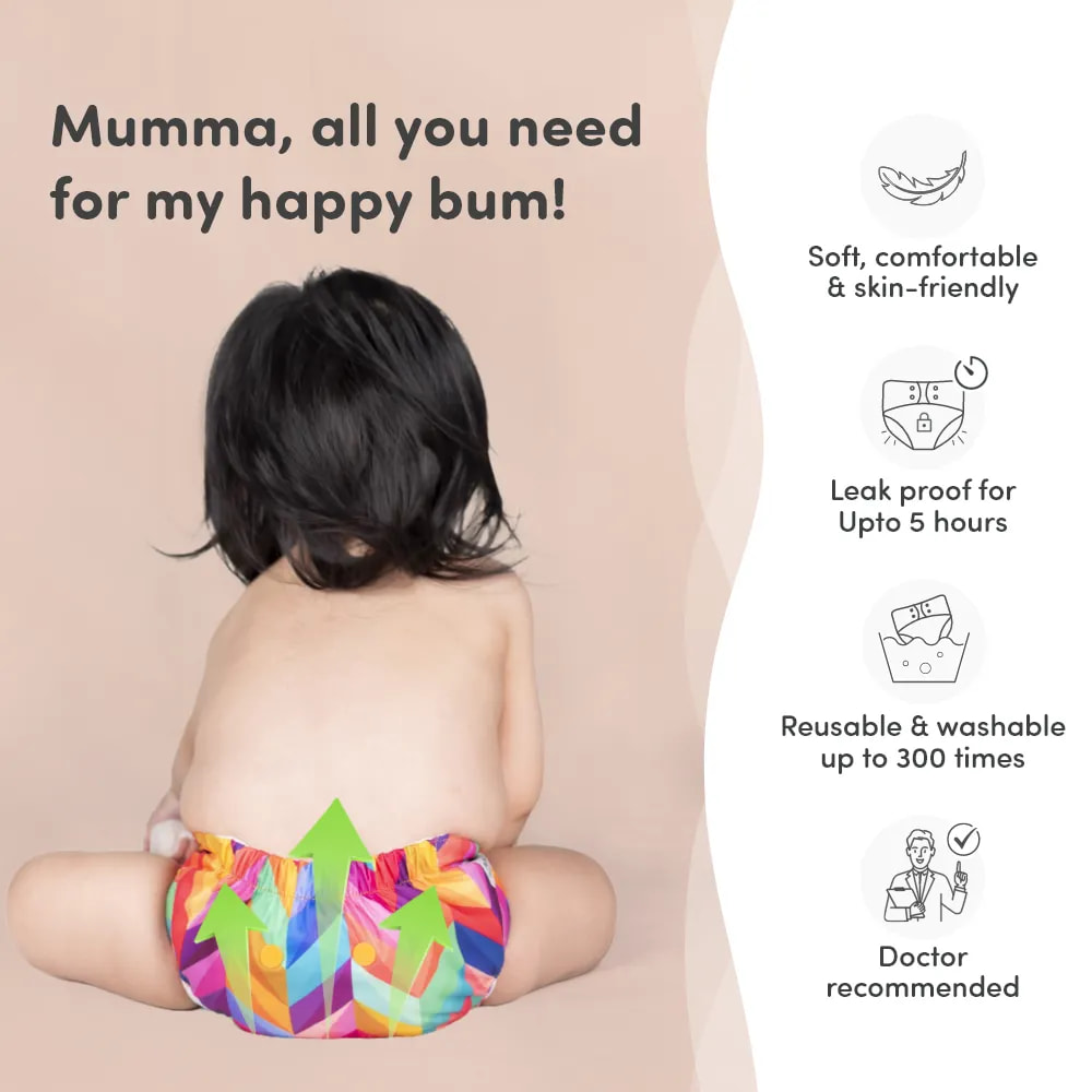 Adjustable Washable & Reusable Cloth Diaper With Dry Feel, Absorbent Insert Pad (3M-3Y) | Oeko-Tex Certified | Prevents Rashes - Rainbow, Heart Doodles & Pet Love - Pack of 3