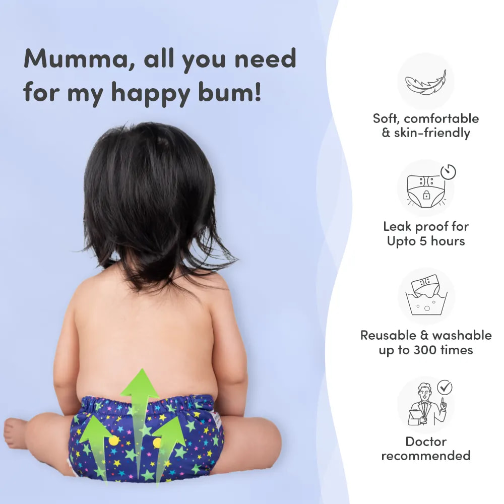 Adjustable Washable & Reusable Cloth Diaper With Dry Feel, Absorbent Insert Pad (3M-3Y) | Oeko-Tex Certified | Prevents Rashes - Rainbow, Floral Spring & Twinkle Twinkle - Pack of 3