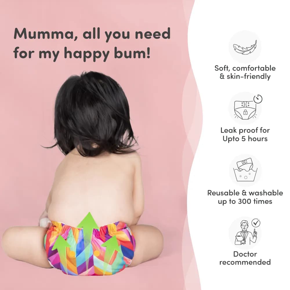 Adjustable Washable & Reusable Cloth Diaper With Dry Feel, Absorbent Insert Pad (3M-3Y) | Oeko-Tex Certified | Prevents Rashes - Rainbow, Pet Love & Twinkle Twinkle - Pack of 3