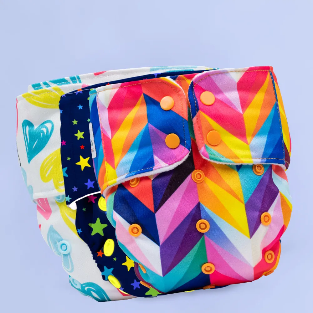 Adjustable Washable & Reusable Cloth Diaper With Dry Feel, Absorbent Insert Pad (3M-3Y) | Oeko-Tex Certified | Prevents Rashes - Rainbow, Heart Doodles & Twinkle Twinkle - Pack of 3