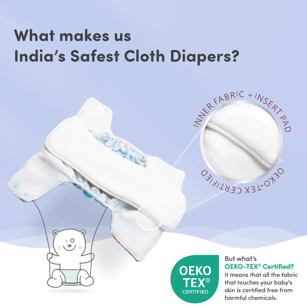 Adjustable Washable & Reusable Cloth Diaper With Dry Feel, Absorbent Insert Pad (3M-3Y) | Oeko-Tex Certified | Prevents Rashes - Rainbow, Heart Doodles & Twinkle Twinkle - Pack of 3