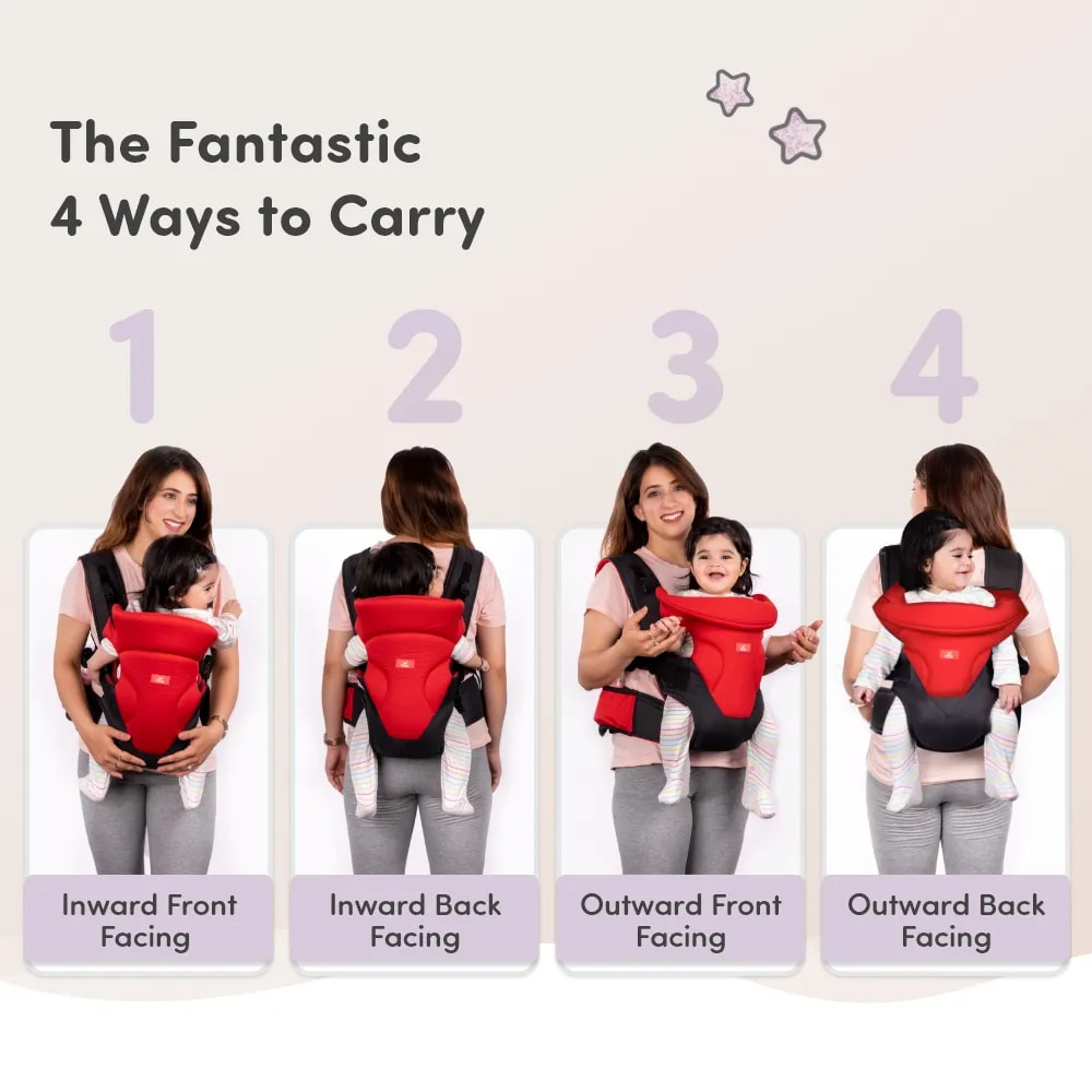 Baby Carrier Bag for 0 to 3 Years with 4 Comfortable Carrying Positions | Lightweight & Travel Friendly | Padded Neck & Shoulder Support - Red & Black